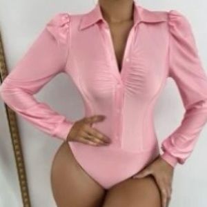 BARBIECORE Ruched button front puff sleeve bodysuit